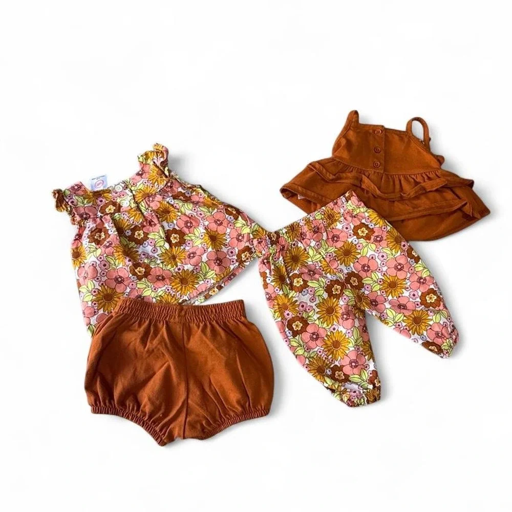 Wonder Nation Baby Girl 4 Piece Floral Outfit Set Rust Pink Boho 0-3M
